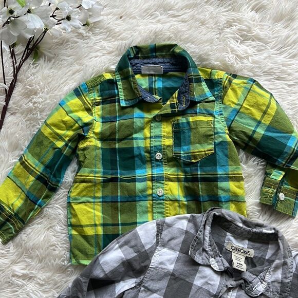Two Toddler Boy Button Down Flannel Plaid Shirt Set Bundle Size 18-24m - Picture 2 of 5